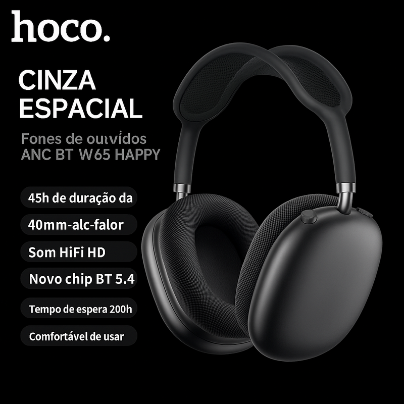 Novo HOCO W65 Plus – Bluetooth 5.0, Cancelamento de Ruído e 45h de Música